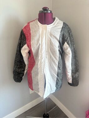 Handmade Striped Quilted Jacket in White, Gray & Red. Fits M